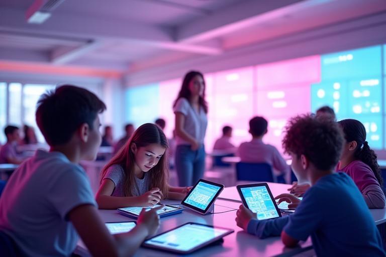 Une salle de classe moderne inondée de lumière naturelle, des étudiants engagés interagissant avec des écrans tactiles et des tablettes, symbolisant l'éducation intelligente et accessible.